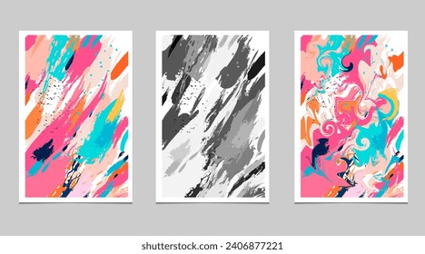 Kreatives Konzept für eine Reihe heller und reicher Hintergründe. Modernes abstraktes Kunstdesign mit fließenden Formen mit Overlay-Effekt. Vektorvorlagen für Feiern, Werbung, Branding, Banner, Cover, Labor