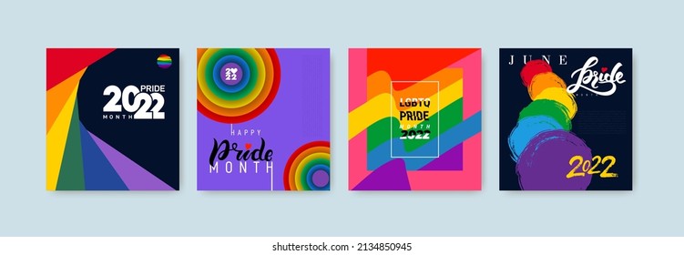 Creative concept set of Lgbtq 2022 rainbow flag freedom family, gay, bisexual and lesbian community, pride pattern, poster on white background, colorful cover collection of vector illustration design.