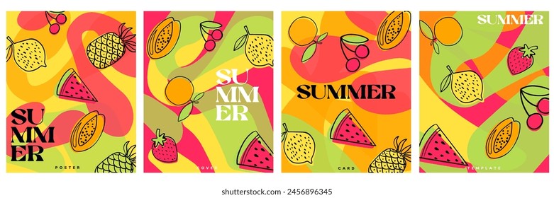 Creative concept for a set of summer bright and juicy cards. Modern abstract artistic design with flowing shapes, fruits and berries.