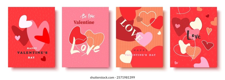 A creative concept for a set of Valentine's Day cards. Modern abstract design with hearts, geometric and flowing shapes. Templates for celebrations, advertising, branding, banners, covers, labels