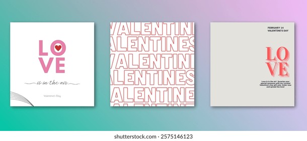 Creative concept Set of Valentine's Day poster. Modern abstract design with Love text and heart. Templates for celebration, ads, branding, banner, cover, label, poster, sales
