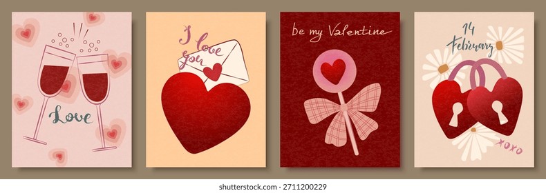 A creative concept for a set of Valentine's Day cards. Modern design in the style of abstract art with hearts. Templates for celebration, advertising, branding, banner, cover, label, poster, sale