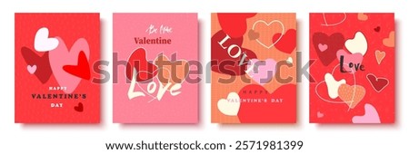 A creative concept for a set of Valentine's Day cards. Modern abstract design with hearts, geometric and flowing shapes. Templates for celebrations, advertising, branding, banners, covers, labels