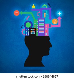 The creative concept silhouette of the head, brain, and pulses. process of human thinking. The concept of intelligence. People communication with the outside world.
