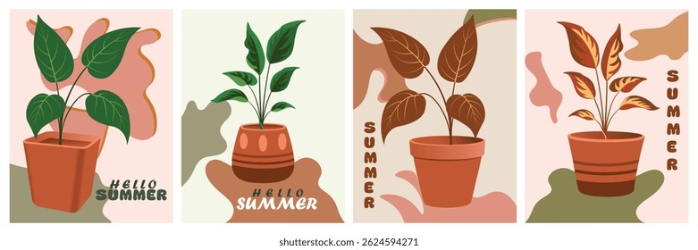 Creative concept spring to summer wall art painting greeting cards set plants, leaves, flowers, pot art. Abstract style template poster,  covers, ads, branding, wall decor element