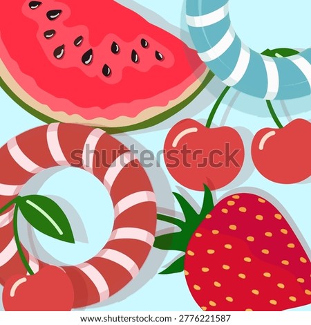 Creative concept of summer banner. Vector illustration with top view on hand-drawn summer fruit and berries. Summer bright background design for party, branding, covers, sale, events, promo banners.