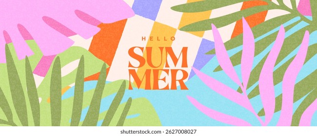 Creative concept of summer bright card with abstract tropical leaves. Modern art minimalist style design templates for celebration, ads, branding, banner, cover, label, poster, sales