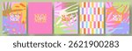Creative concept of summer bright cards set with abstract tropical leaves. Modern art minimalist style design templates for celebration, ads, branding, banner, cover, label, poster, sales