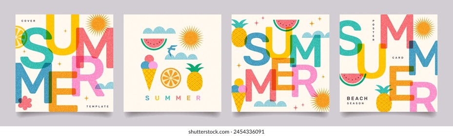 Creative concept of summer bright cards set. Modern abstract design with typography, geometric summer fruits, shapes with overlay effect. Templates for branding, ads, banner, cover, poster, sales.