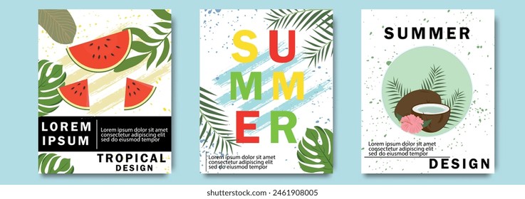 Creative concept of summer bright cards set with abstract tropical leaves and watermelon and coconut. Modern art design templates for celebration, ads, party, event banner, cover, label, poster, sales