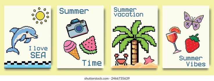 Creative concept of summer bright cards set in pixel art with dolphin, Ice cream, watermelon, palm. Modern art design templates for celebration, ads, party, event banner, cover, label, poster, sales