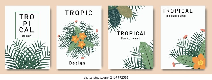 Concepto creativo de tarjetas brillantes de verano con hojas tropicales abstractas y flores. Plantillas de diseño floral de moda para celebración, anuncios, marca, Anuncio, portada, etiqueta, cartel, ventas 