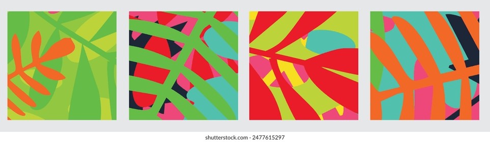 Creative concept of summer bright cards set with abstract tropical leaves. Modern art minimalist style design templates for celebration, ads, branding, banner, cover, label, poster, sales