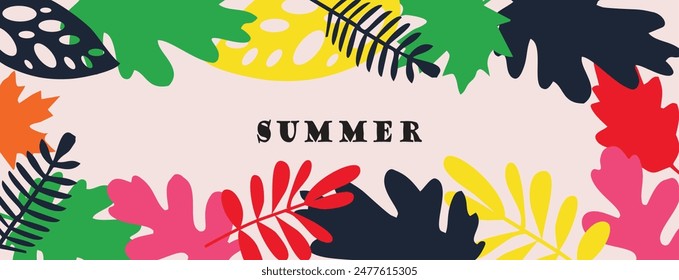 Concepto creativo de tarjetas brillantes de verano con hojas tropicales abstractas. Plantillas de diseño de estilo minimalista de arte moderno para celebración, anuncios, marca, Anuncio, portada, etiqueta, cartel, ventas