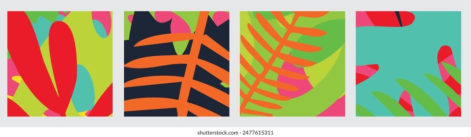 Creative concept of summer bright cards set with abstract tropical leaves. Modern art minimalist style design templates for celebration, ads, branding, banner, cover, label, poster, sales