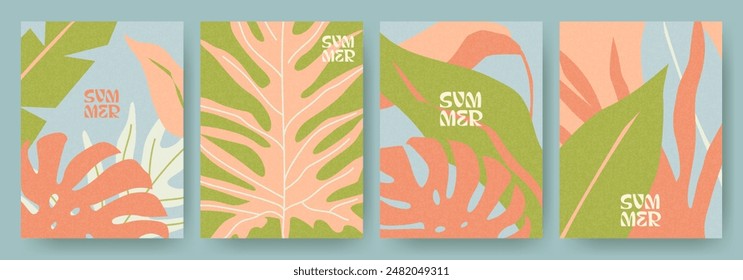 Creative concept of summer bright cards set with abstract tropical leaves. Modern art minimalist style design templates for celebration, ads, branding, banner, cover, label, poster, sales