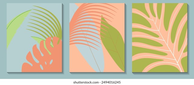 Creative concept of summer bright cards set with abstract tropical leaves. Modern art minimalist style design templates for celebration, ads, branding, banner, cover, label, poster, sales