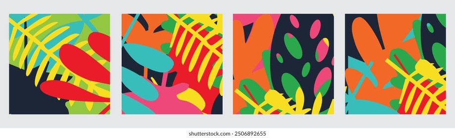 Creative concept of summer bright cards set with abstract tropical leaves. Modern art minimalist style design templates for celebration, ads, branding, banner, cover, label, poster, sales