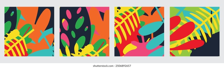 Creative concept of summer bright cards set with abstract tropical leaves. Modern art minimalist style design templates for celebration, ads, branding, banner, cover, label, poster, sales