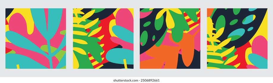 Creative concept of summer bright cards set with abstract tropical leaves. Modern art minimalist style design templates for celebration, ads, branding, banner, cover, label, poster, sales