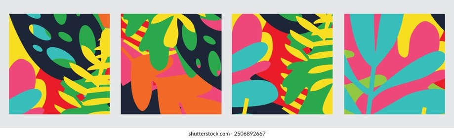 Concepto creativo de tarjetas brillantes de verano con hojas tropicales abstractas. Plantillas de diseño de estilo minimalista de arte moderno para celebración, anuncios, marca, Anuncio, portada, etiqueta, póster, ventas