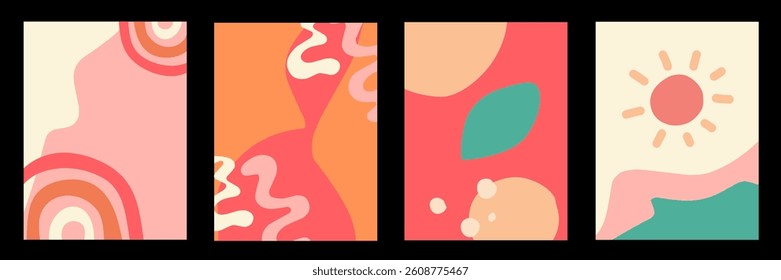 Creative concept of summer bright cards set with abstract tropical shapes and leaves. Modern art minimalist style design templates for celebration, ads, branding, banner, cover, label, poster, sales