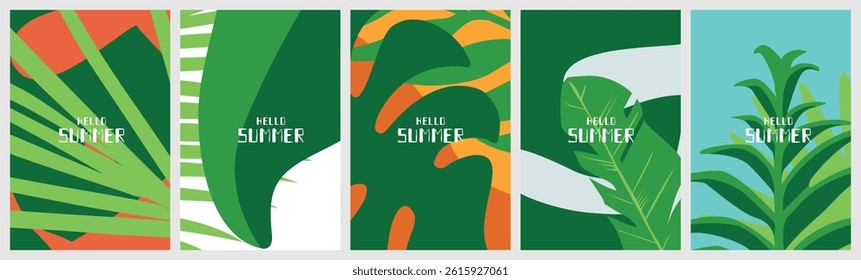 Creative concept of summer bright cards set with abstract tropical leaves. Modern art minimalist style design templates for celebration, ads, branding, banner, cover, label, poster, sales