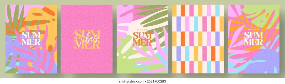 Creative concept of summer bright cards set with abstract tropical leaves. Modern art minimalist style design templates for celebration, ads, branding, banner, cover, label, poster, sales