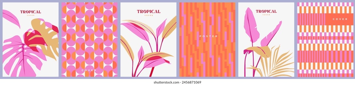 Creative concept of summer bright covers, cards or posters in minimal style for corporate identity, branding, social media ads, promo. Modern design template with tropical leaves and geometric pattern