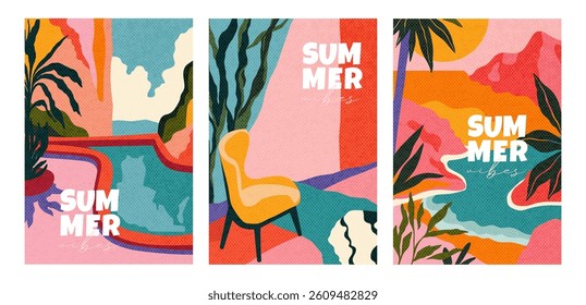 Creative concept of summer bright covers set with abstract tropical leaves, nature landscape, sun, clouds, sea, hotel room, pool. Minimalist style design templates with vintage paper texture. Vector