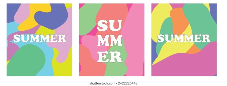 Creative concept of summer bright and juicy cards set. Modern abstract art design with liquid shapes with overlay effect. Templates for celebration, ads, branding, banner, cover, label, poster