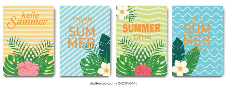 Creative concept of summer bright and juicy background. Modern abstract art design with flowers, tropical leafs and overlay effect. Templates for celebration, branding, banner, cover, label, poster