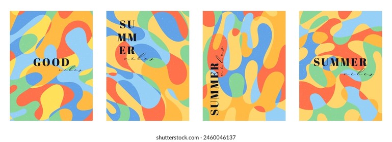 Concepto creativo de verano brillante y jugoso conjunto de tarjetas. Diseño de arte abstracto moderno con Formas líquidas con efecto superpuesto. Plantillas para la celebración, anuncios, marca, Anuncio, portada, etiqueta, cartel, ventas