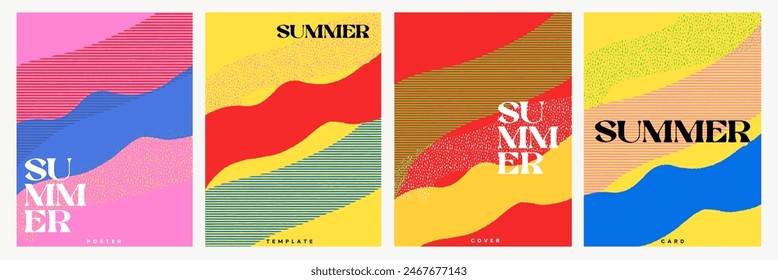 Creative concept of summer bright and juicy cards set. Modern abstract art design with liquid shapes with overlay effect. Templates for celebration, ads, branding, banner, cover, label, poster, sales