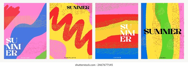 Creative concept of summer bright and juicy cards set. Modern abstract art design with liquid shapes with overlay effect. Templates for celebration, ads, branding, banner, cover, label, poster, sales