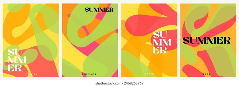 Kreatives Konzept der Sommer hell und saftig Karten Set. Modernes abstraktes Kunstdesign mit flüssigen Formen mit Overlay-Effekt. Vorlagen für Feiern, Anzeigen, Branding, Banner, Cover, Label, Poster, Vertrieb