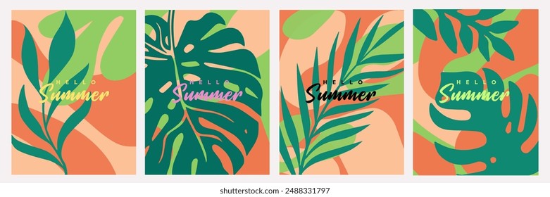 Creative concept of summer bright and juicy cards set. Modern abstract art design with liquid shapes with overlay effect. Templates for celebration, ads, branding, banner, cover, label, poster, sales