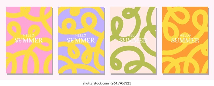 Concepto creativo de las tarjetas brillantes y jugosas del verano fijadas. Diseño de arte abstracto moderno con Formas y líneas onduladas. Plantillas para la celebración, anuncios, marca, Anuncio, cubierta, etiqueta, cartel, ventas