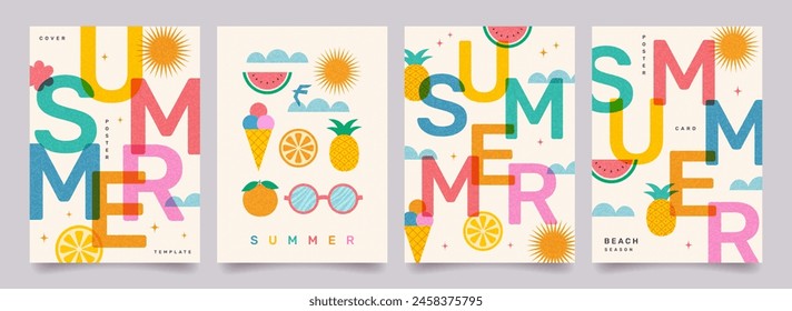 Concepto creativo de verano brillante conjunto de carteles. Diseño abstracto moderno con tipografía, frutas geométricas de verano, Formas con efecto superpuesto. Plantilla para la marca, anuncios, Anuncio, cubierta, tarjeta, ventas.