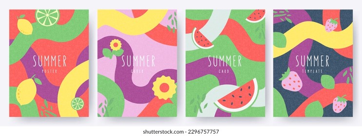 Kreatives Konzept der Sommerkarte. Modernes abstraktes Kunstdesign mit Früchten und Beeren, geometrische Formen, gewagte, fette Linien. Muster für Feierlichkeiten, Anzeigen, Branding, Banner, Umschlag, Etikett, Plakat, Verkauf