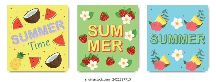 Creative concept of summer cards set. Modern art design with  strawberries, coconut, watermelon, flowers and modern typography. Templates for celebration, ads, branding, banner, cover, label, poster