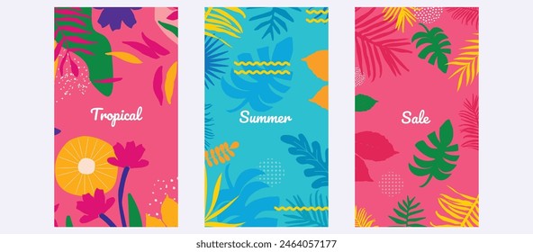 Creative concept of summer cards set. Colorful flowers and leaves poster background vector illustration.