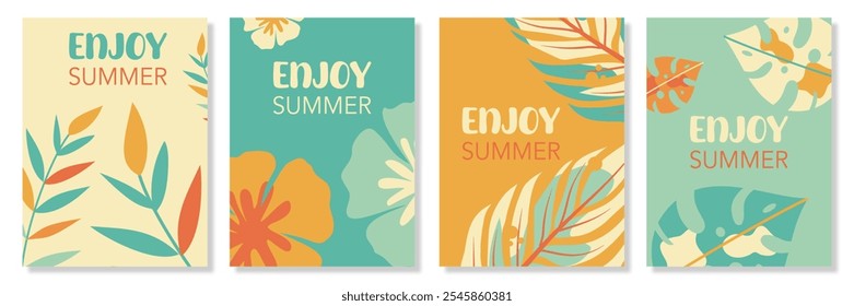 Conceito criativo de cartões de verão definido com flores tropicais abstratas e folhas. Moderna arte minimalista estilo retro modelos de design para celebração, anúncios, branding, banner, capa, rótulo, cartaz, vendas