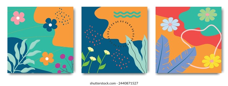 Concepto creativo de tarjetas de verano con flores tropicales. Diseño de arte abstracto moderno con formas líquidas con efecto superpuesto. Plantillas para celebración, anuncios, marca, banner, portada, etiqueta, póster, ventas