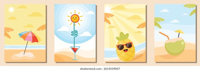 Creative concept of summer cute cards set with abstract tropical leaves, drink sun. Modern art minimalist style design templates for celebration, ads, branding, banner, cover, label, poster, sales