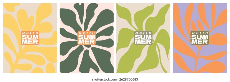 Kreatives Konzept Sommer Laub Set Pflanzen, Blätter, Blumen Kunst. Feiertage Vorlage Poster, Banner, Cover, Anzeigen, Branding, Etiketten, Element