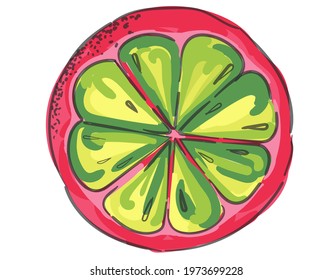 Creative concept of summer. Fresh juicy sliced orange on a white background. Flat top view.