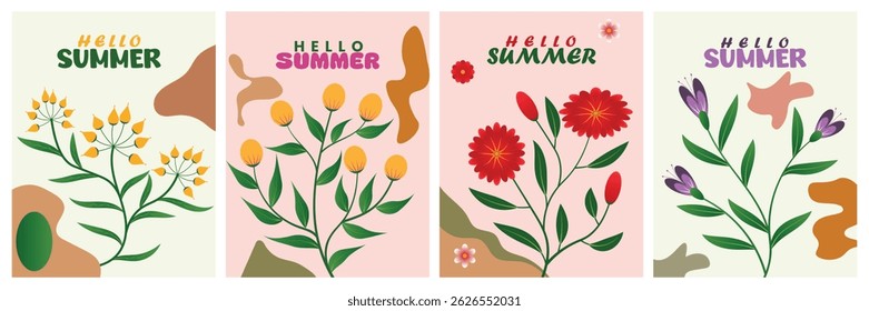 Creative concept summer greeting cards set plants, leaves, flowers art. Abstract and minimalist boho painting style  poster, banner, covers, ads, branding, labels, tempalte element