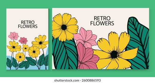 Creative concept of summer or spring set background with abstract tropical exotic leaves. clasic art retro style design templates for celebration, ads, branding, banner, cover, label, poster,