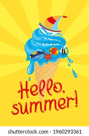 Creative concept of summer time, beach vacation, recreation, travel. Ice cream, sea, tropical fish, waves, yacht, sail. Vector illustration, poster, postcard, banner, flyer.